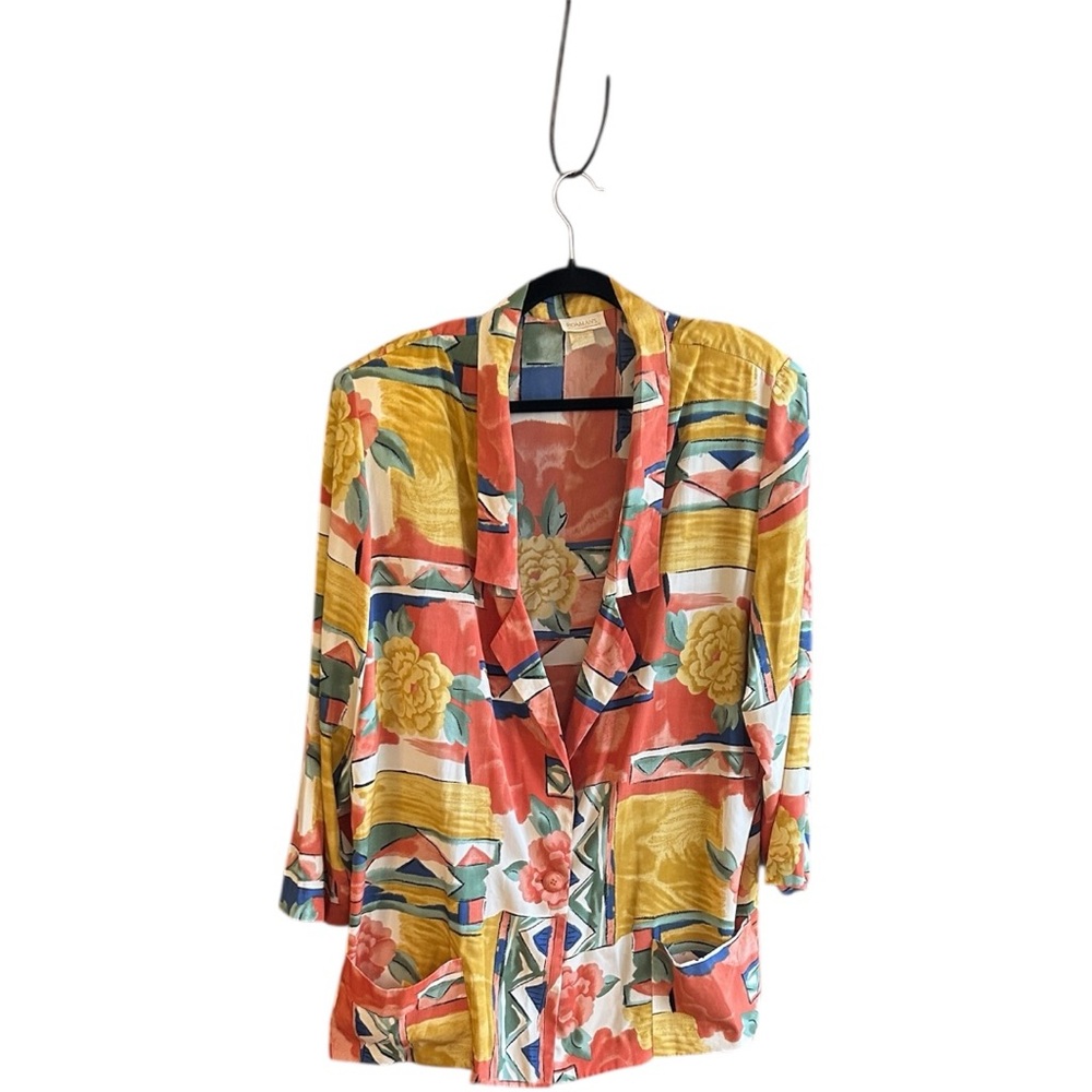 Roaman's Vintage mixed pattern watercolor peach yellow blue blazer